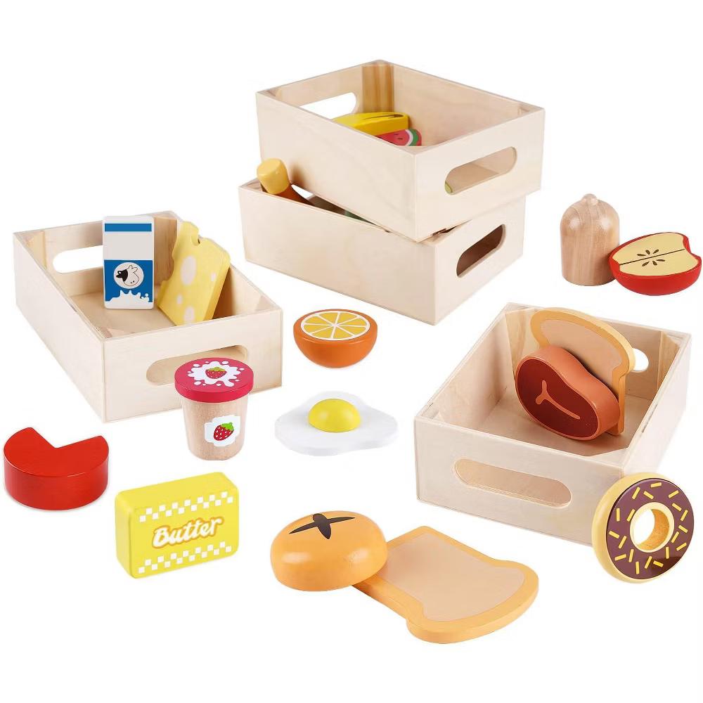 Etokfoks Wooden Play Food Set 18 Piece Pretend Kitchen Toy Food Groups for Toddlers 1 2 3 Year Olds Includes 4 Storage Boxes - Image 6