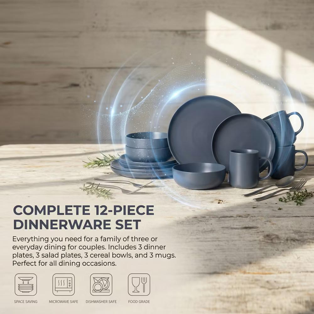 12-Piece Stoneware Dinnerware Set with Mugs, Microwave & Dishwasher Safe, Non-Toxic Dish Set, Plate Set, Stackable Matte Glaze Kitchenware for 3 - Image 16