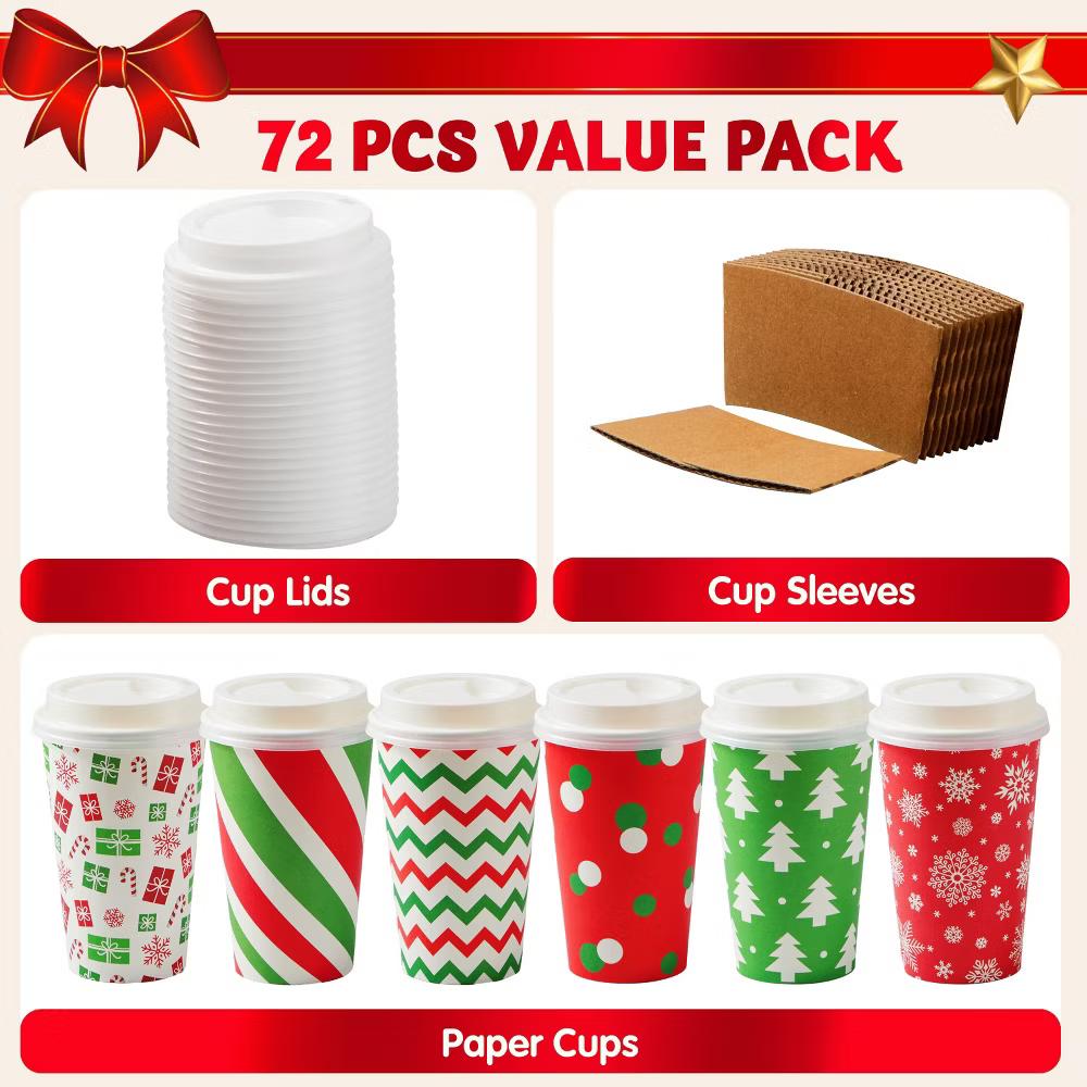 72-Pcs Christmas Disposable Cups – 16 oz Holiday Drinkware with Lids & Sleeves (4 Festive Designs) - Image 4