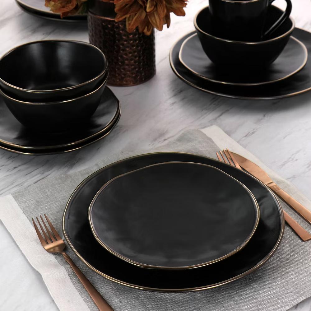16pc Modern Stoneware Dinnerware Set with Rim Matte Black/Gold - Image 4