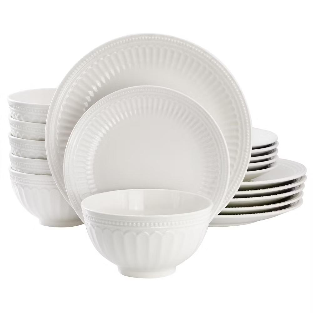 Embossed Arch and Dot Stoneware Dinnerware Set in White - Image 16