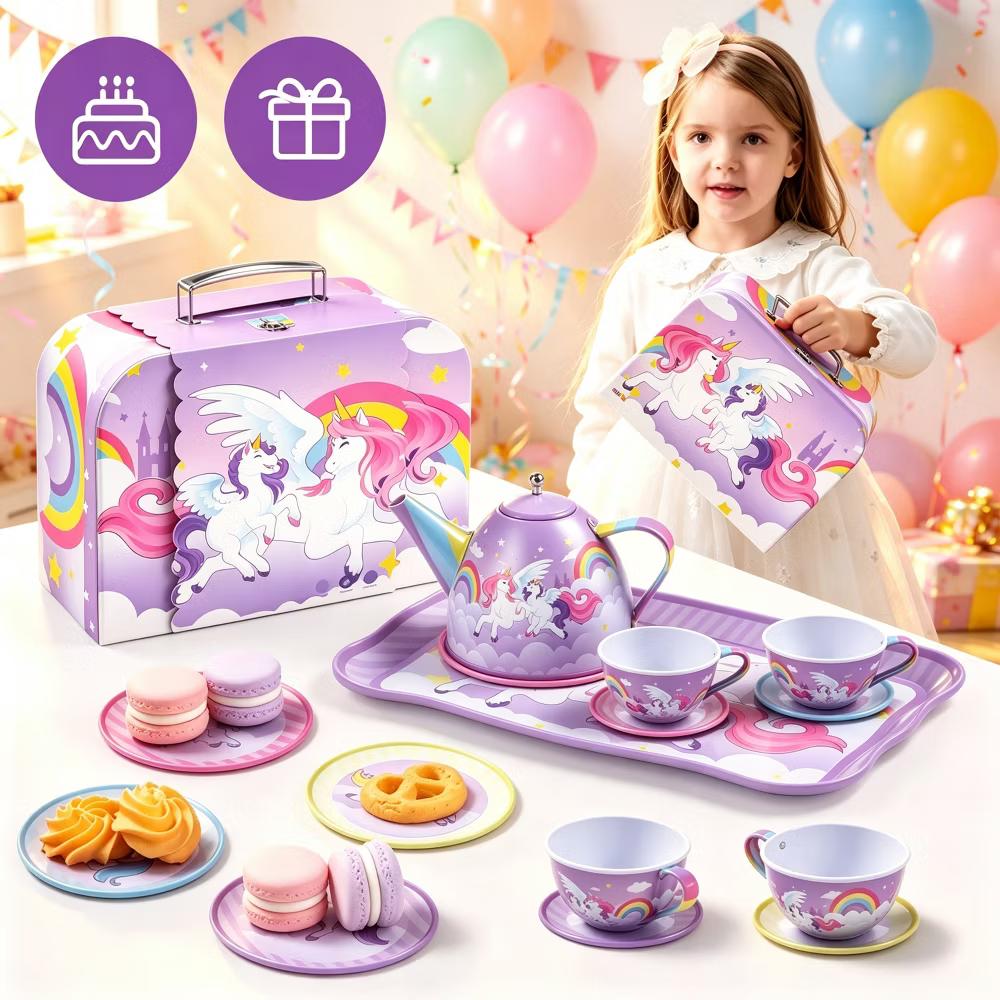15PCS Unicorn Tea Party Set for Little Girls, Pretend Tin Teapot Set, Princess Tea Time Play Kitchen Toy w/ Case, Birthday Gift for Kids Age 3-6 - Image 8
