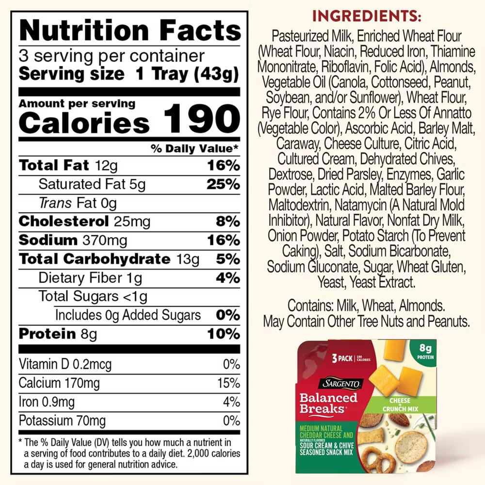 Sargento Balanced Breaks Crunch Mix, Medium Cheddar Cheese, Sour Cream & Chive Snack Mix - 4.5oz/3ct - Image 8