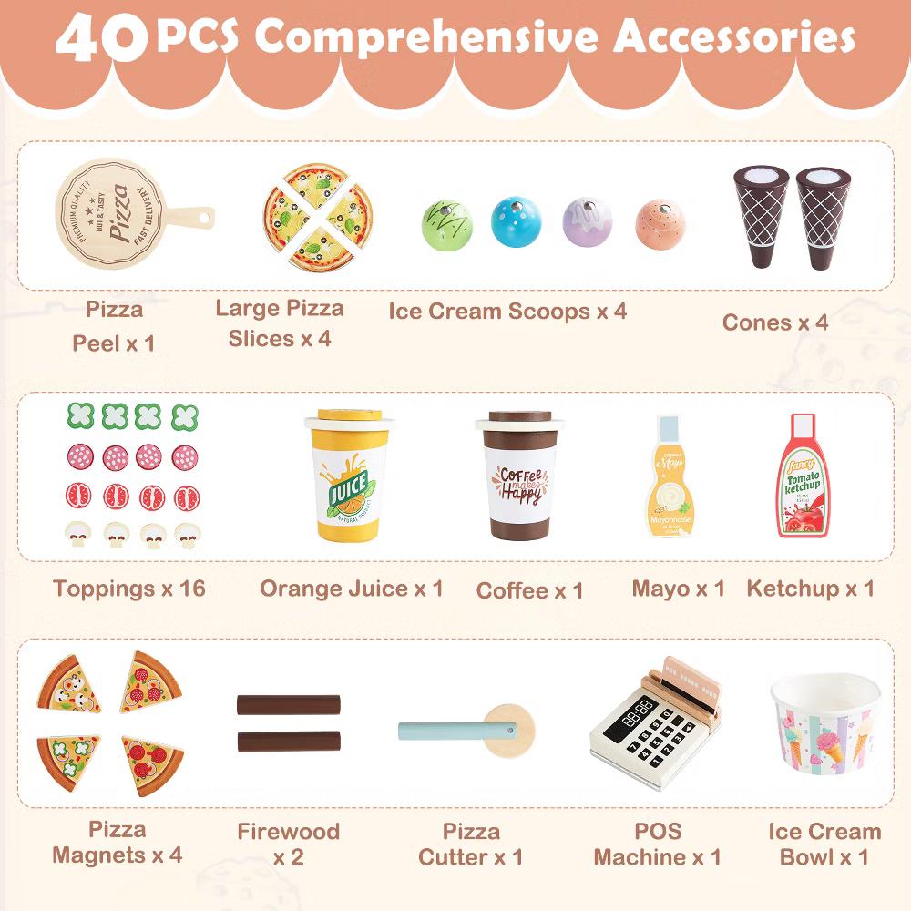 2 in 1 Pretend Play Food Truck Kids Ice Cream & Pizza Cart w/ Canopy Oven - Image 10