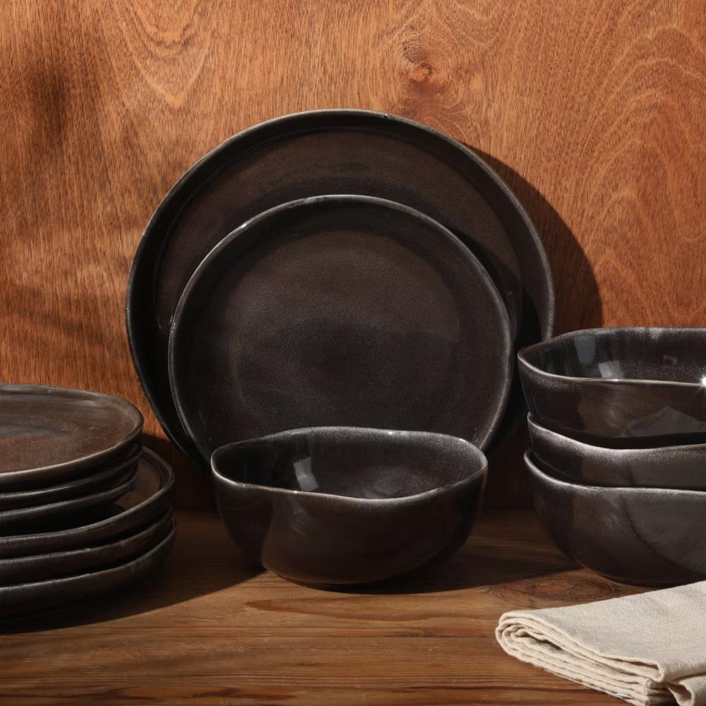 Soho Lounge Nardini 12 Piece (Service for 4) Plates and Bowls Reactive Glaze Dishes Stoneware Ceramic Dinnerware Set - Black and Blue - Image 9