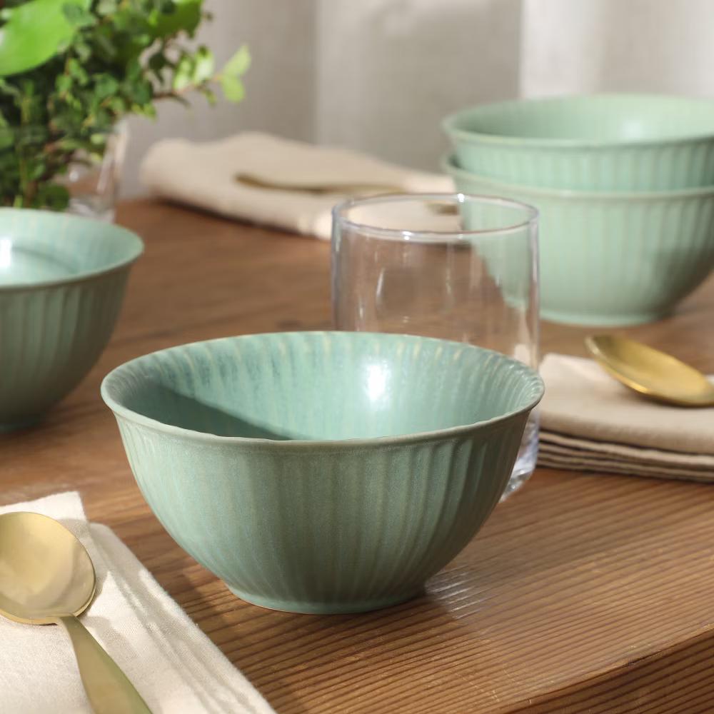 Cereal Bowls Set of 4, 6-Inch Stoneware Soup Bowls, Reactive Glaze Ribbed Bowl Set - Image 3