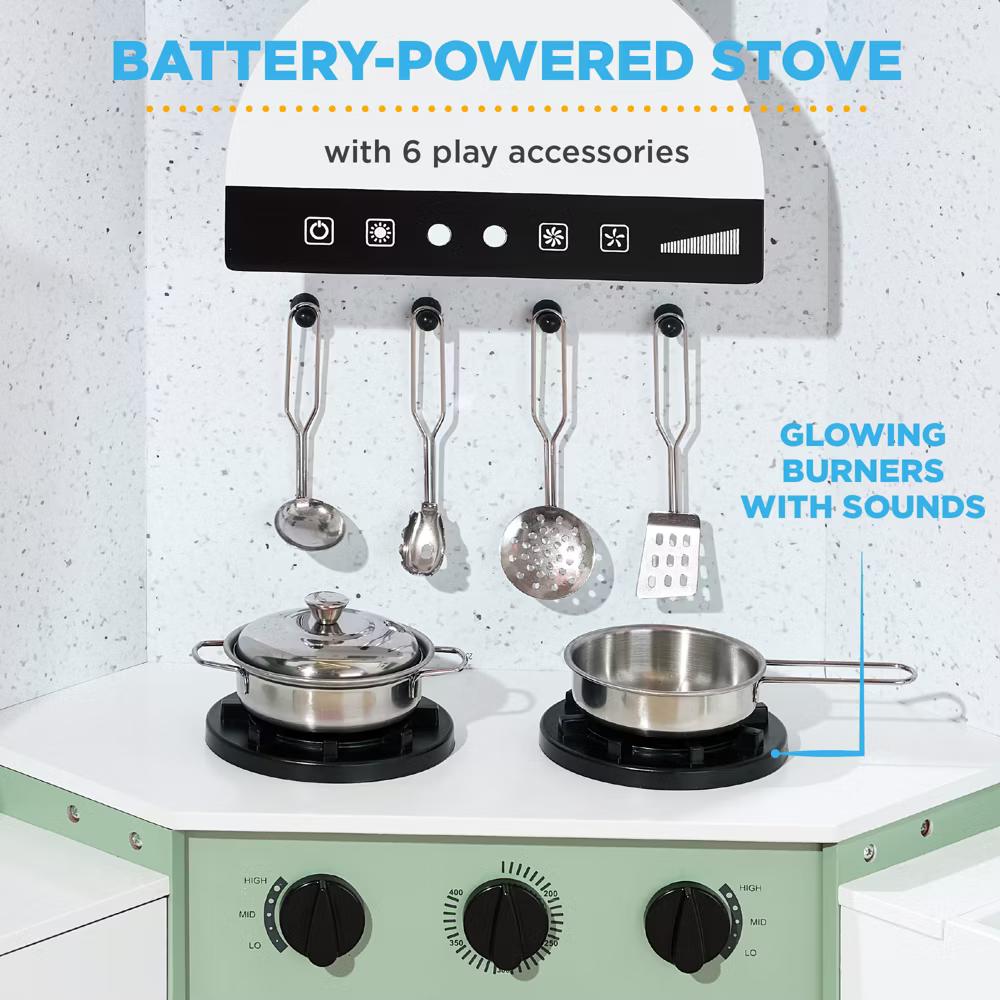 Pretend Play Corner Kitchen, Interactive Wooden Kids Set w/ Lights & Sounds - White - Image 59