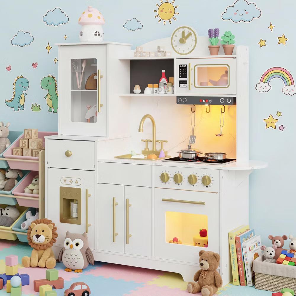 Play Kitchen, Wooden Kids Play Kitchen Playset Pretend Cooking Toy Set with Food & Cookware Accessories, Toddler Kitchen Playset for Ages 3+ - Image 2