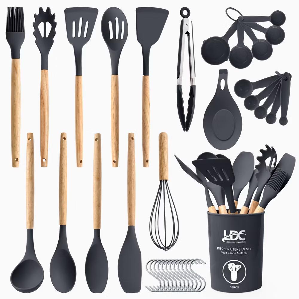 Lux Decor Cooking Utensil Set 35 Piece Silicone and Wood Kitchen Utensil Set with Holder Non Stick Kitchen Gadgets & Tools