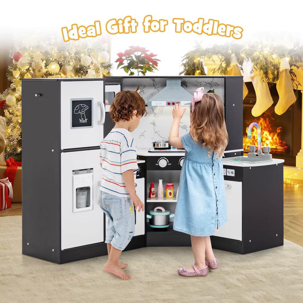 Kids Corner Kitchen Playset Wooden Pretend Play Toy with Microwave WhiteCoffee - Image 4
