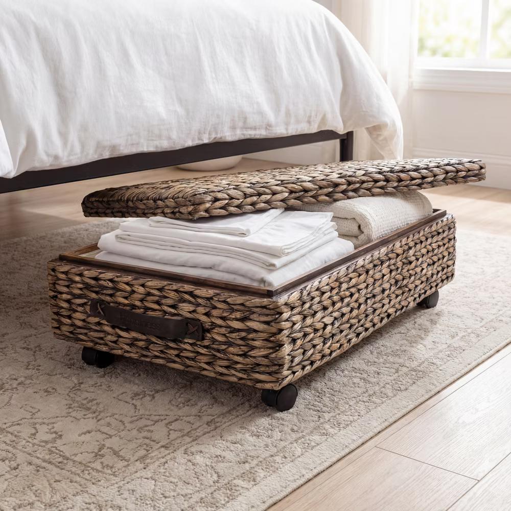 happimess Chett Minimalist Hand-Woven Hyacinth/Wood Underbed Storage Bin with Wheels and Handles - Image 12
