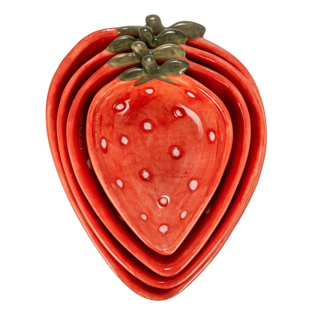 Storied Home Hand-Painted Strawberry Stoneware Measuring Cups, Red and White, Set of 4 - Image 9