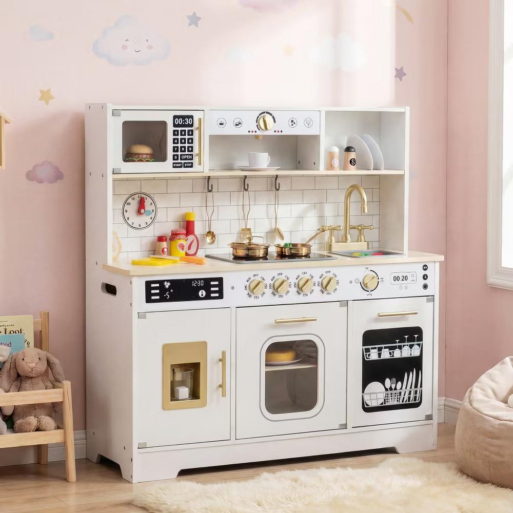 Play Kitchen for Kids, Wooden Kitchen Playset with Realistic Lights & Sounds White/Black - Image 14