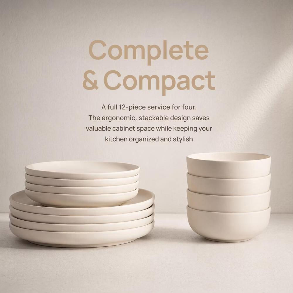 GreenElevate Stoneware Elegance 12-Piece Dinnerware Set for 4, Plates&Bowls, Microwave & Dishwasher Safe, Non-Toxic Matte Glaze, Stackable Kitchenware - Image 11