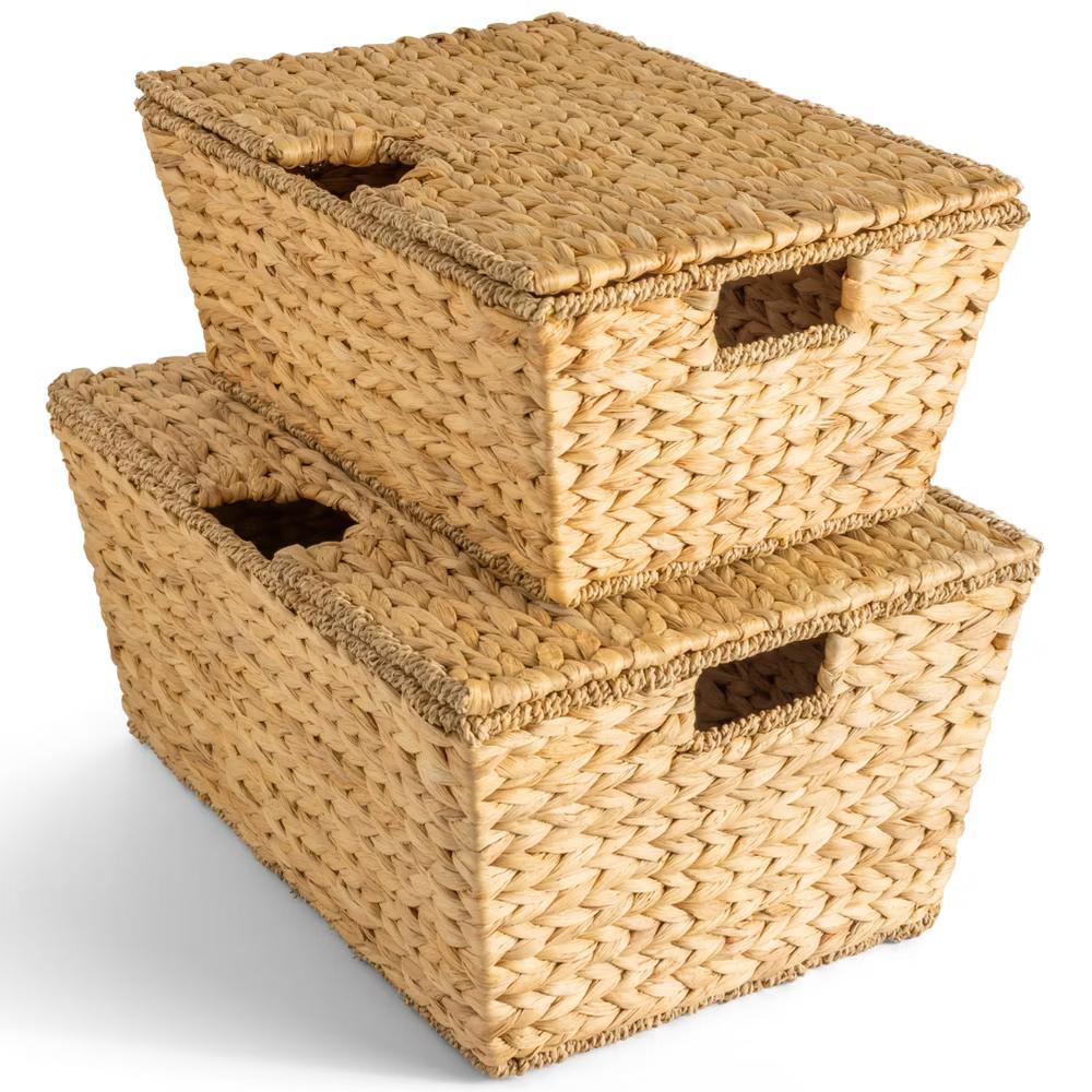 Set of 2 X-Large & Medium Woven Storage Baskets W/Lids, Hyacinth Nesting Organizer Bins - Natural - Image 18