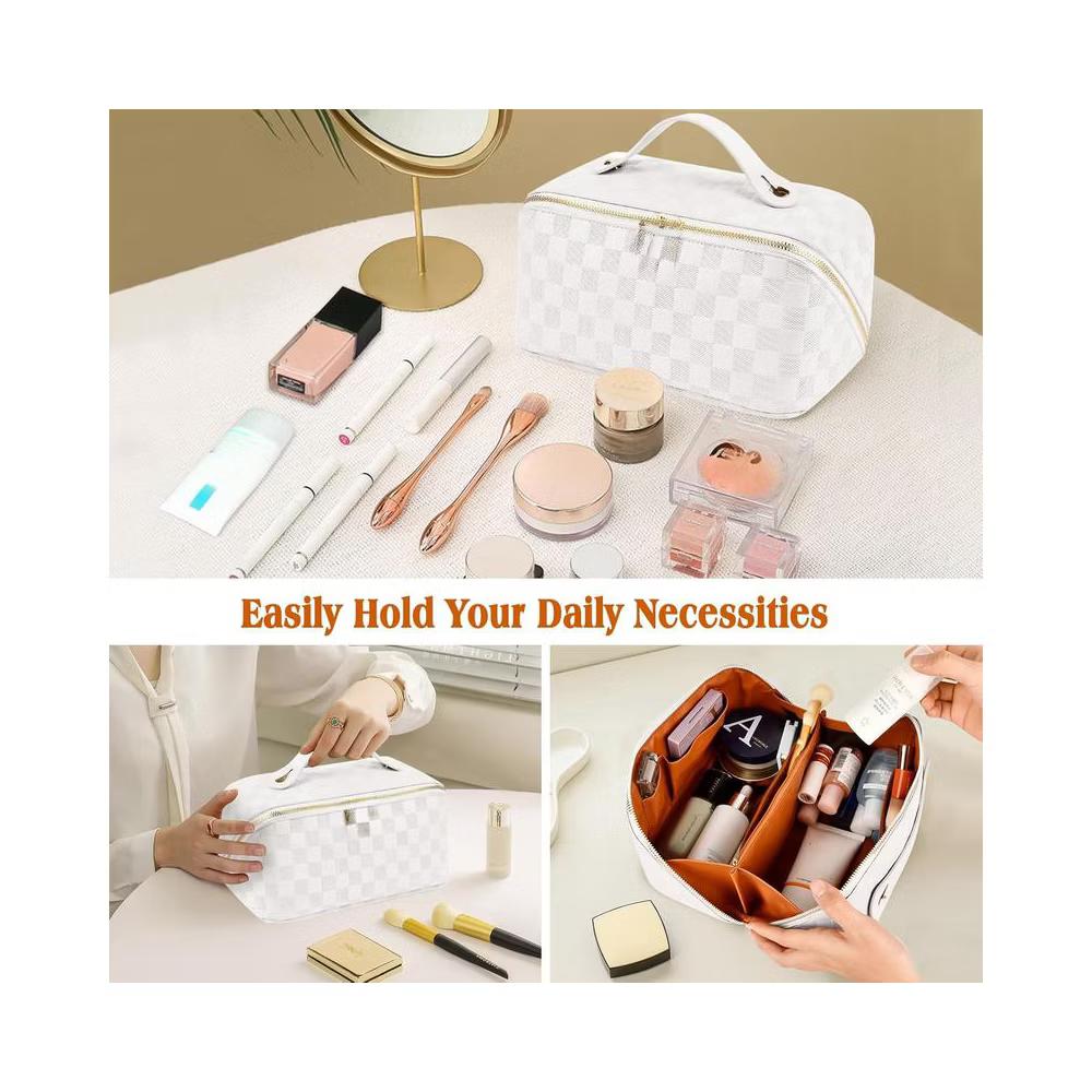 Checkered Makeup Bag, Large Capacity Cosmetic Bag with Handle, Portable Waterproof Travel Toiletry Organizer for Women - Image 6