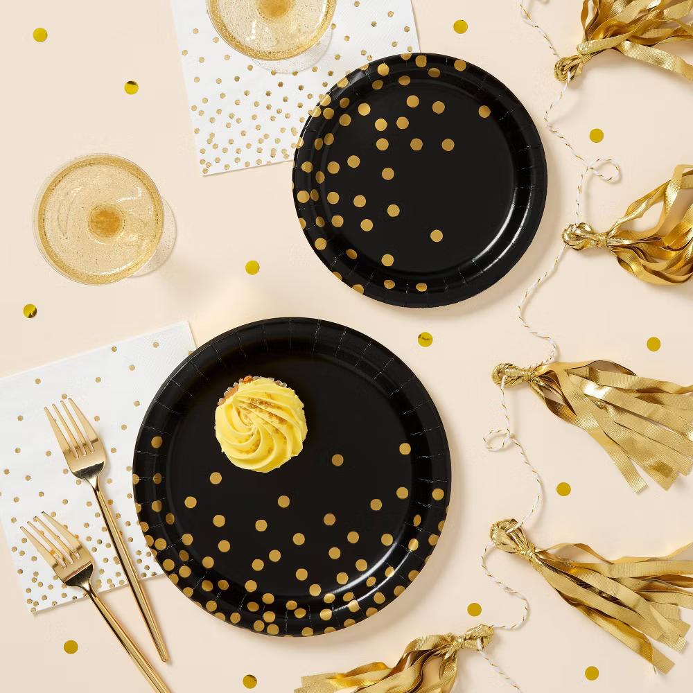 20ct Black/Gold Confetti Dinner Paper Plates - " - Image 3