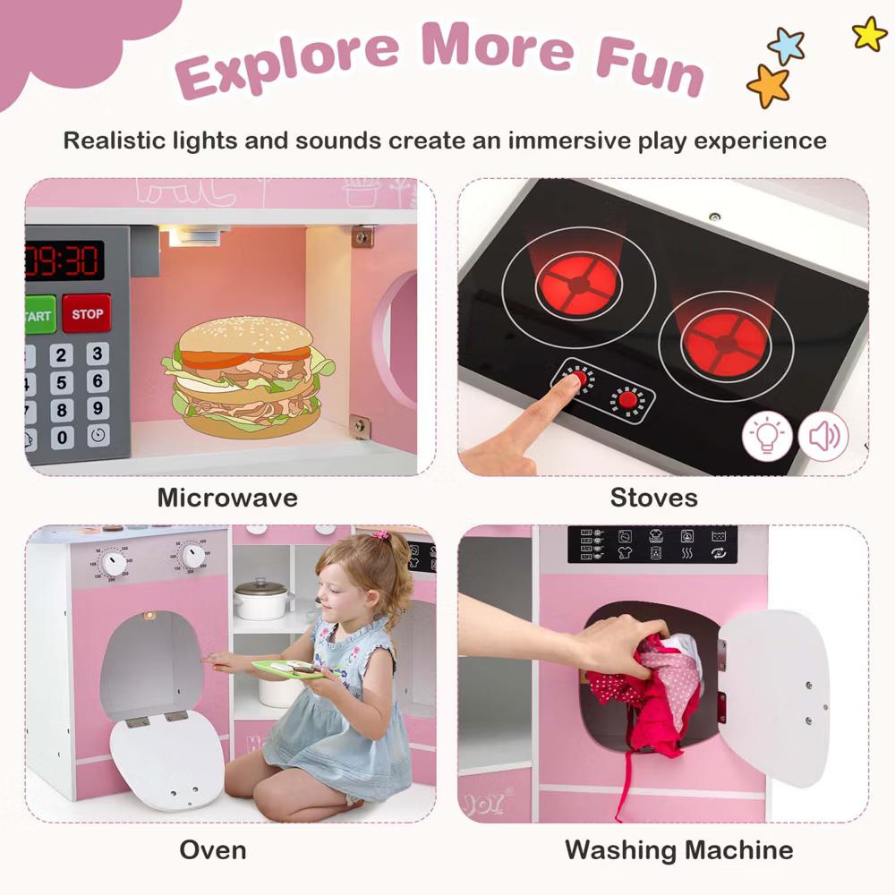 Corner Kitchen Playset with Coffee Machine Oven Microwave Washing Machine White/Brown/Pink - Image 17
