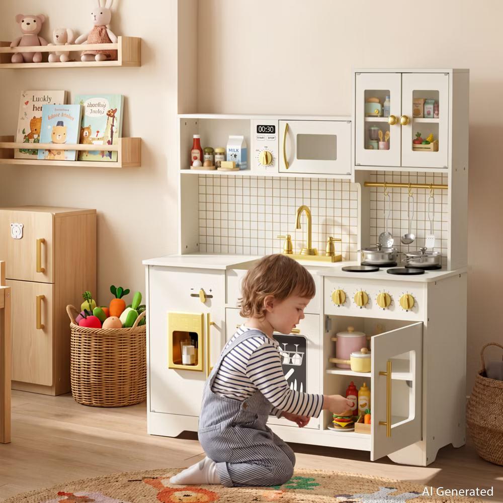 Wooden Play Kitchen with Running Water Sink, Clicking Stove Knobs, Microwave, Oven, Ice Maker & Storage, Ages 3+ - Image 11