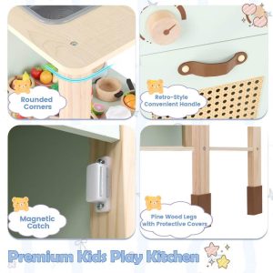 Kids Play Kitchen Wooden Pretend Kitchen Playset w/ Rattan Doors Wood Legs