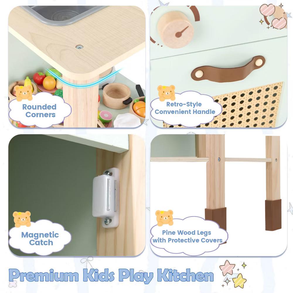 Kids Play Kitchen Wooden Pretend Kitchen Playset w/ Rattan Doors Wood Legs