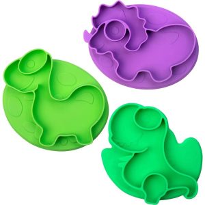 Bentology Silicone Compartment Plates- 3 PK Dinosaurs Set -Divided Sections for Grabbing Food Training- Toddlers, Kids - Great Gift for Parents & Kids
