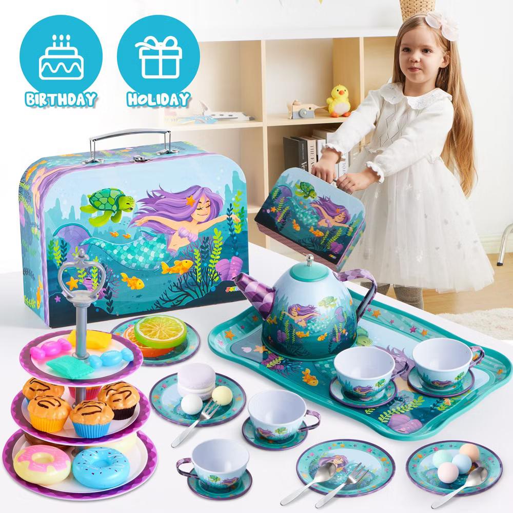 35Pcs Mermaid Tea Party Set for Girls, Pretend Tin Teapot Set, Princess Tea Time Play Kitchen Toy, Birthday Gifts Kids Toddlers Age 2 3 4 5 6 - Image 6