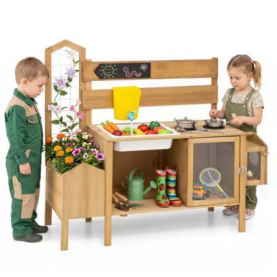 Mud Kitchen for Kids, Pretend Play Kitchen with Detachable Bird Cage,Trellis - Image 7