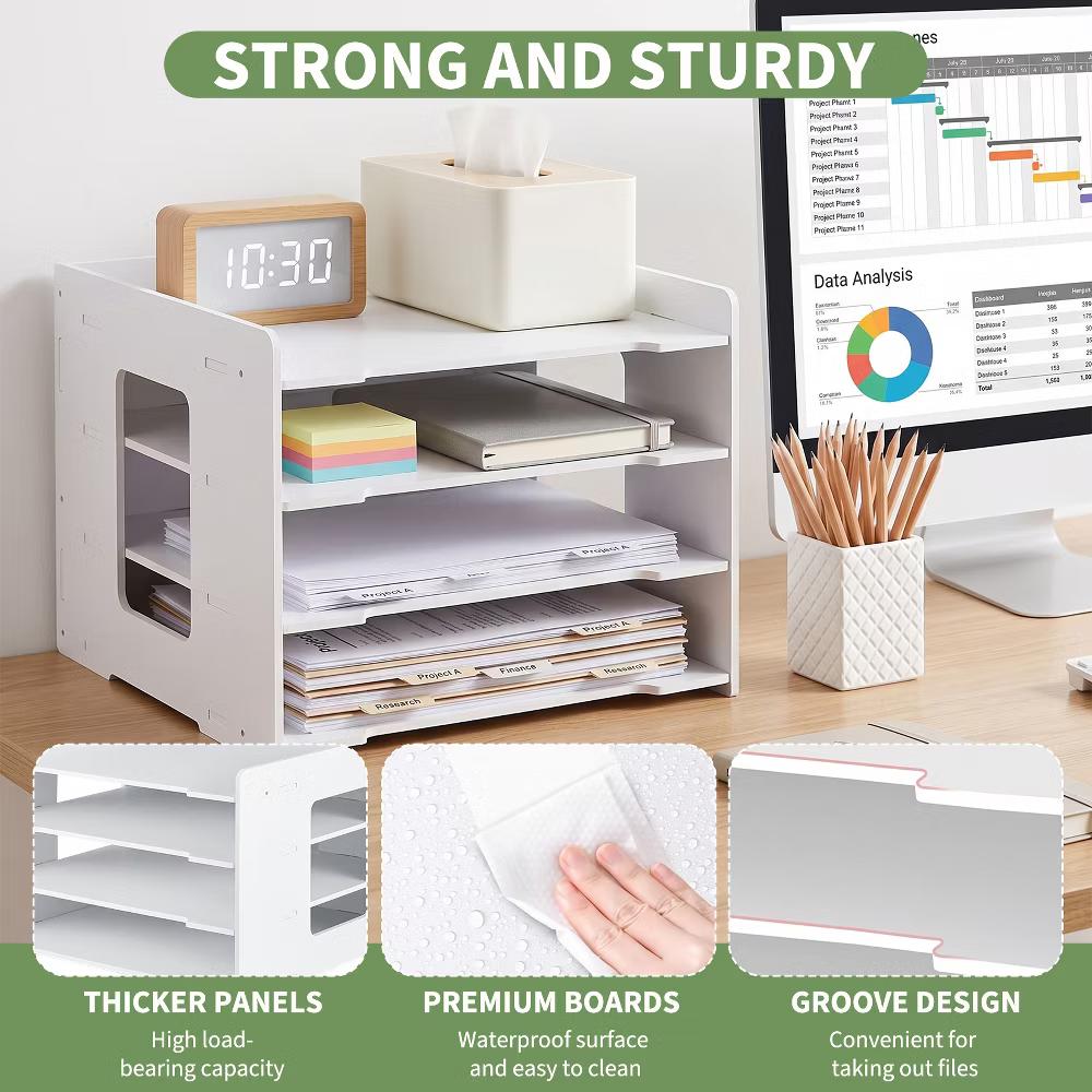 Multi-Layer Desktop File Organizer, Adjustable A4 Paper Storage Rack, Waterproof PVC Wood Plastic Board, Office Desk Folder Holder - Image 3
