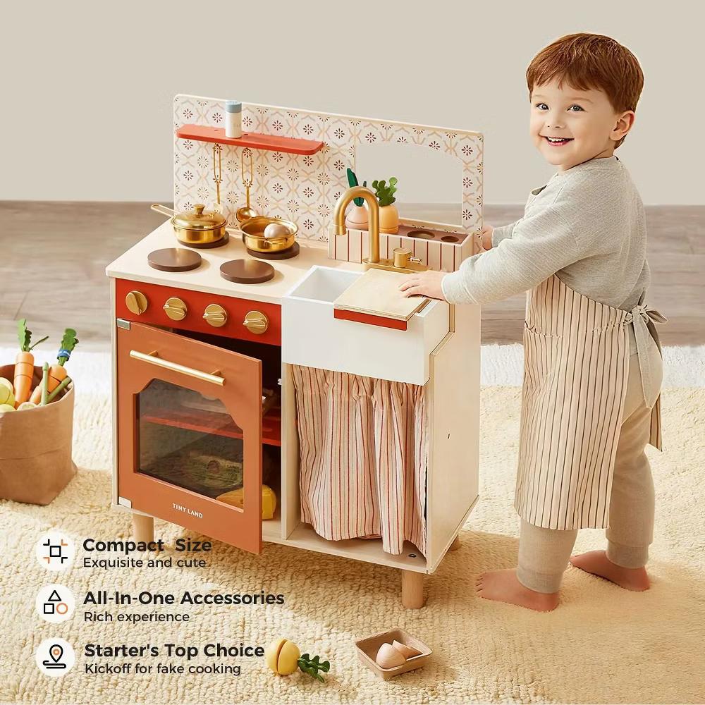 Mediterranean Play Kitchen for Toddlers - Wooden Kids Kitchen Playset with Cutting Food & Cookware - Image 3