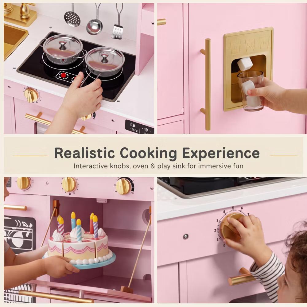 Wooden Play Kitchen for Kids with Running Water Sink, Interactive Stove, Ice Maker, Microwave, Oven & Dishwasher, Ages 3+ - Image 51