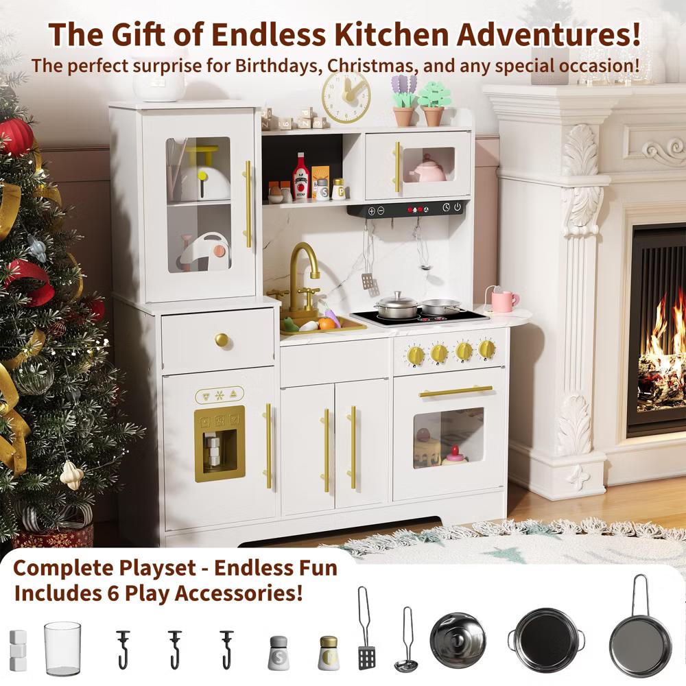 Play Kitchen, Wooden Kids Play Kitchen Playset Pretend Cooking Toy Set with Food & Cookware Accessories, Toddler Kitchen Playset for Ages 3+ - Image 4