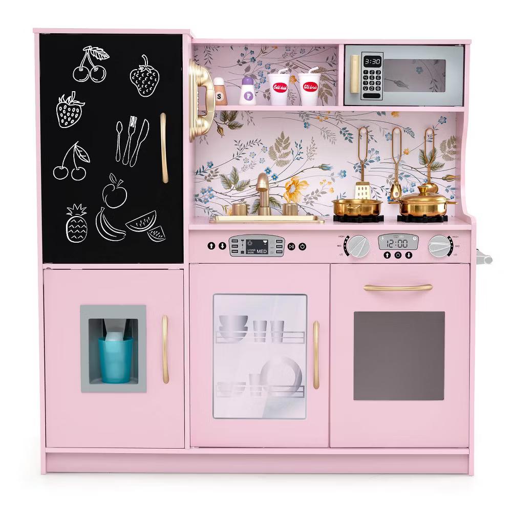 Kid's Pretend Play Kitchen Toddler Kitchen Playset with Blackboard Pink/White/Light Pink/Beige - Image 47
