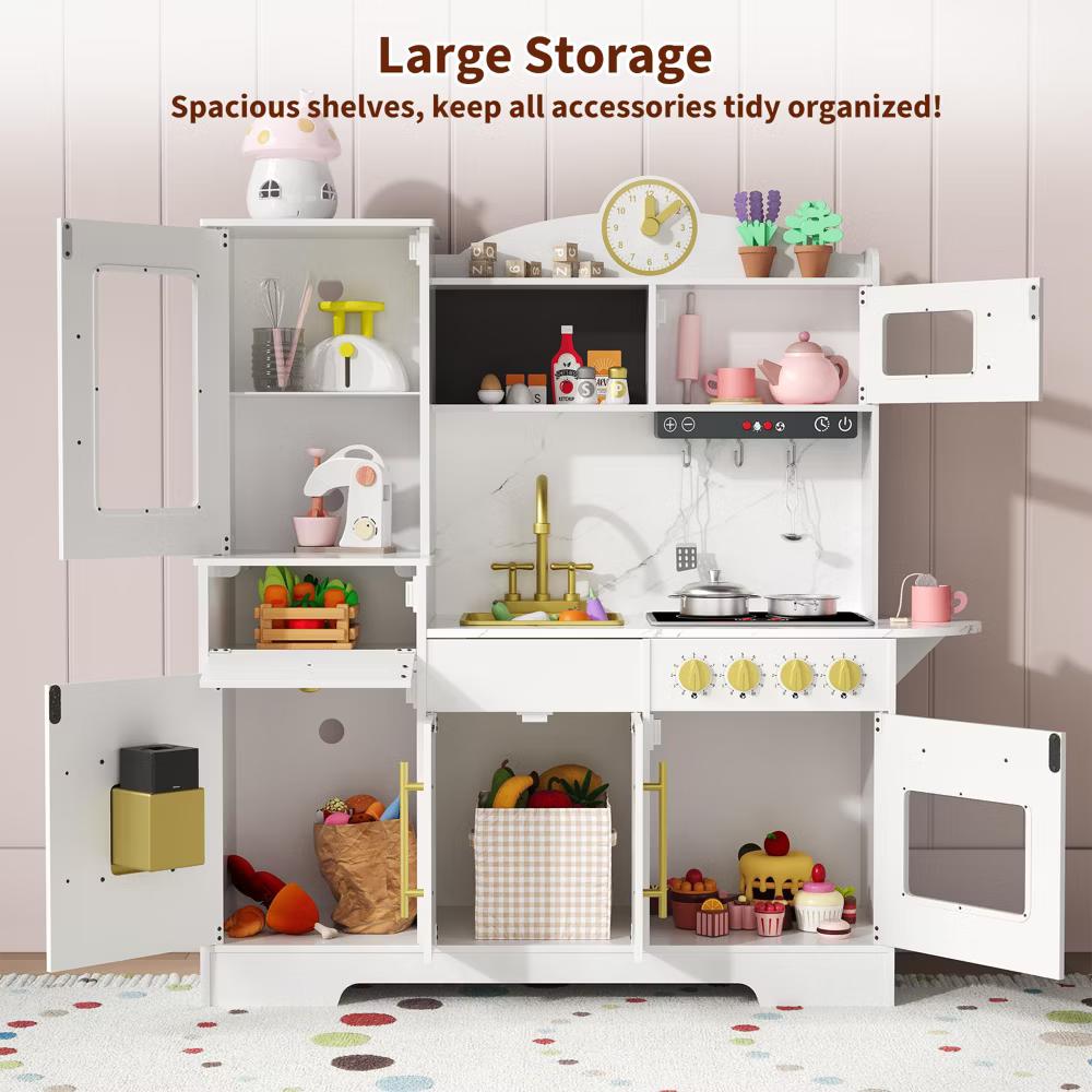 Play Kitchen, Wooden Kids Play Kitchen Playset Pretend Cooking Toy Set with Food & Cookware Accessories, Toddler Kitchen Playset for Ages 3+ - Image 6