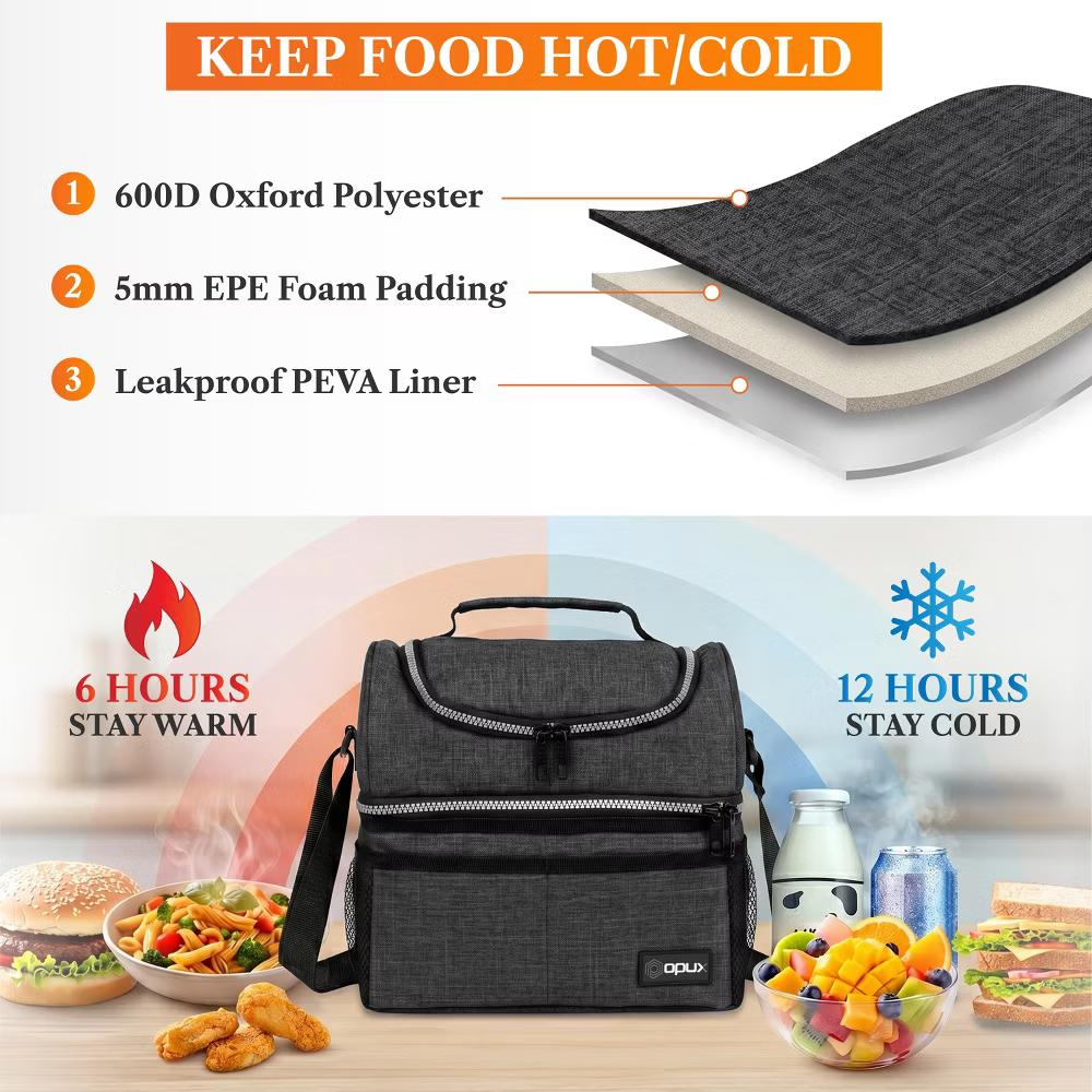 Double Decker Lunch Box Men Women, Insulated Leakproof Cooler Bag Adult Work, Dual Compartment Pail Tote Boys Girls Kids - Image 41