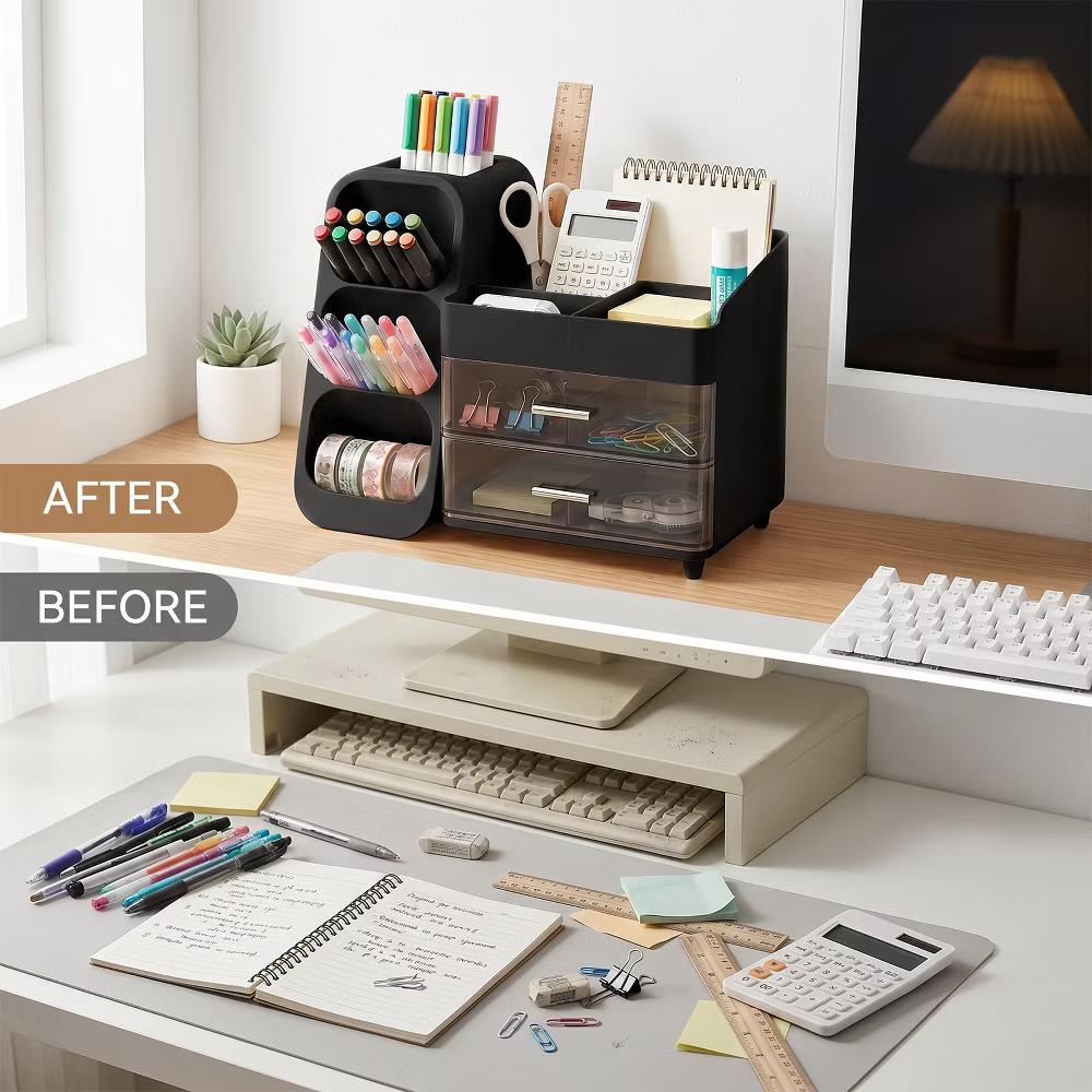 Desktop Organizer with Pen Holder, Multi-Grid Stationary Storage Caddy with 2 Clear Drawers for Office Supplies & Makeup - Image 6