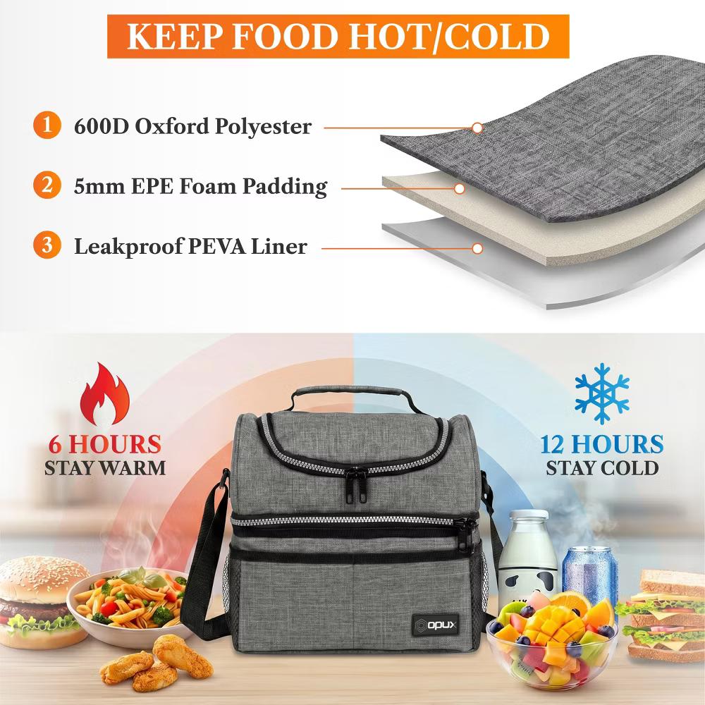 Double Decker Lunch Box Men Women, Insulated Leakproof Cooler Bag Adult Work, Dual Compartment Pail Tote Boys Girls Kids - Image 51