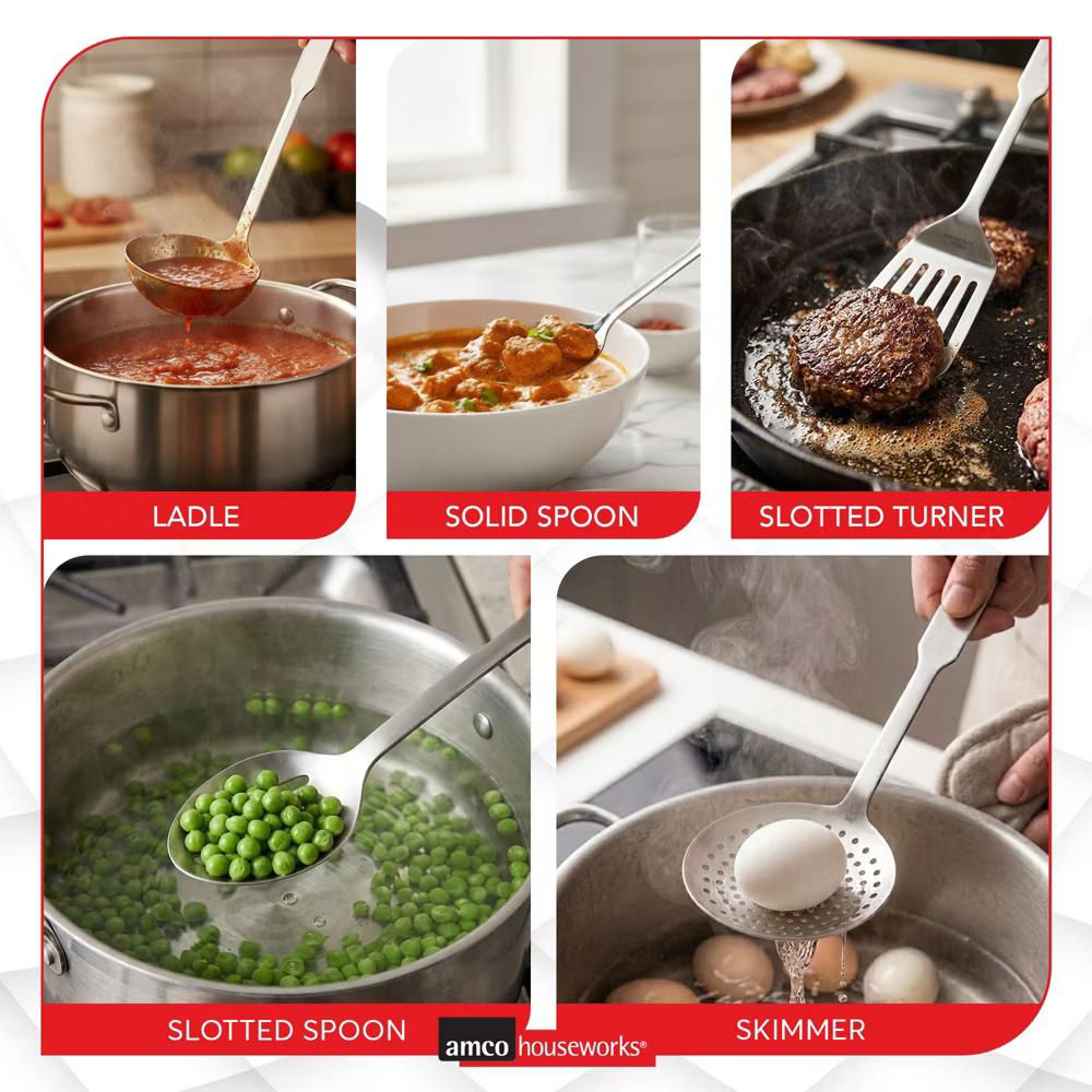 Amco 5-Piece Stainless Steel Cooking Utensil Set, Copper Finish, Includes Kitchen Ladle, Slotted Turner, Skimmer, Solid Spoons, 14" with Hanging Holes - Image 13