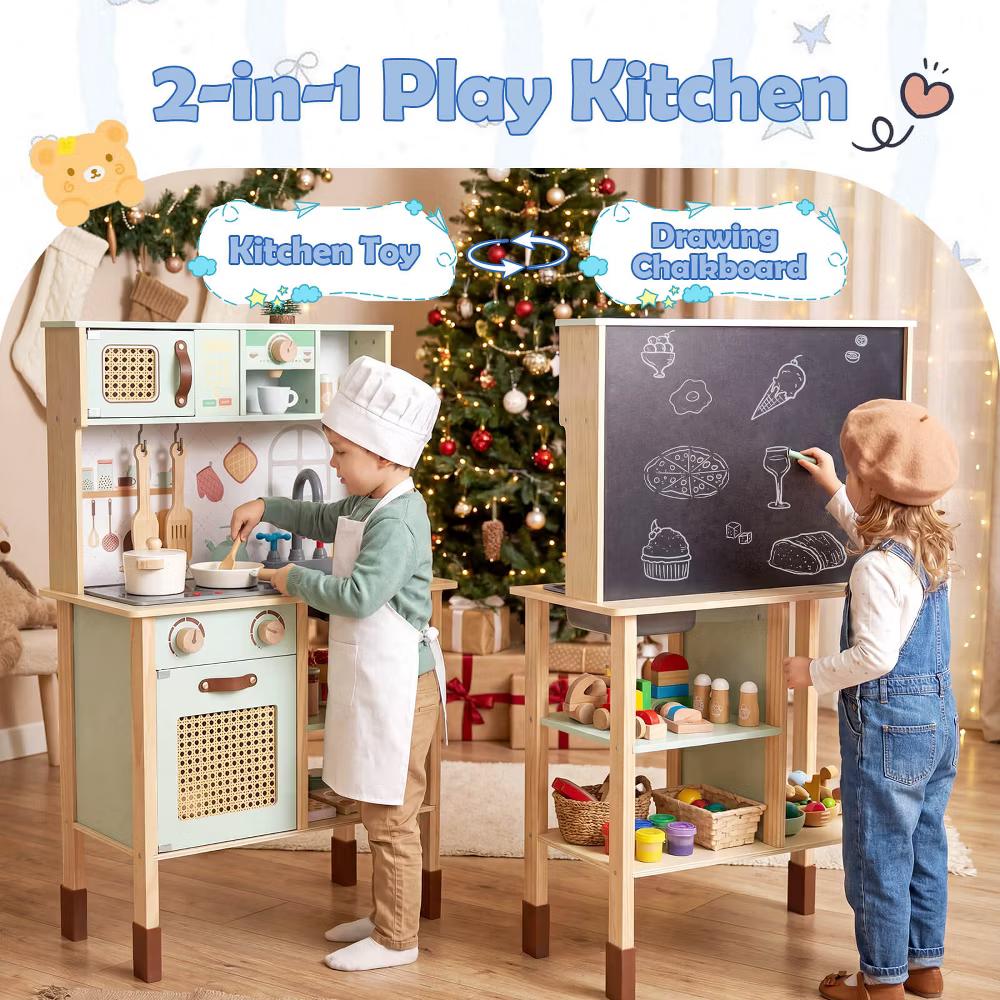 Kids Play Kitchen Wooden Pretend Kitchen Playset w/ Rattan Doors Wood Legs - Image 8