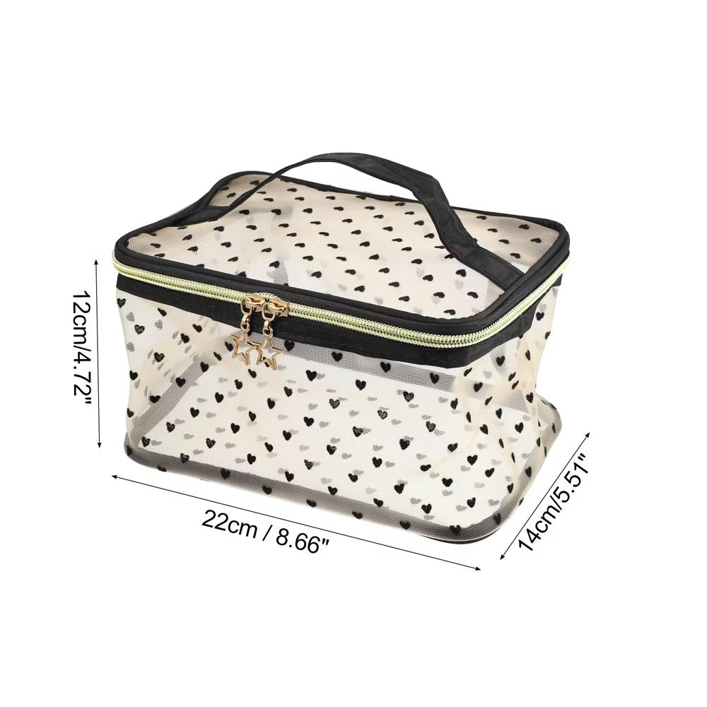 Travel Portable Makeup Bag Heart-Shaped Dots Zipper Closure Beige 1 Pc - Image 6