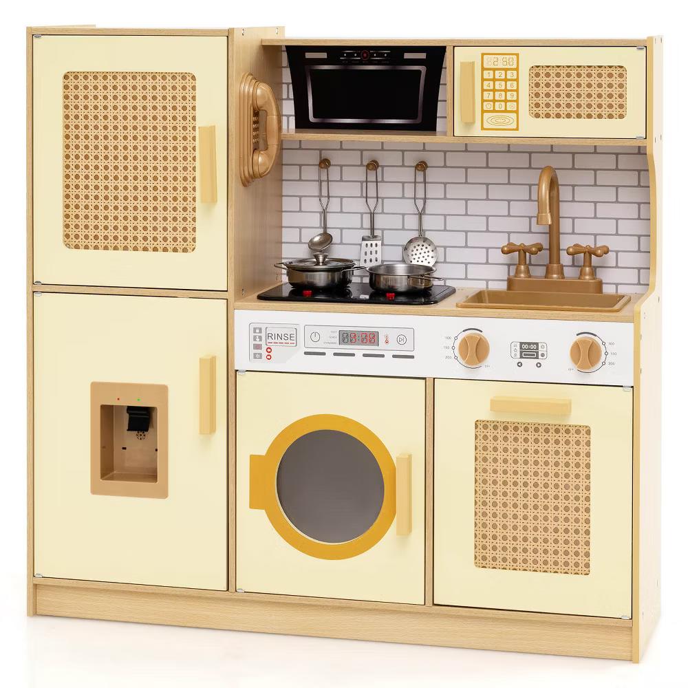 Wooden Kids Kitchen Playset Pretend Play Kitchen with Real Sounds Lights Pink/Yellow - Image 18