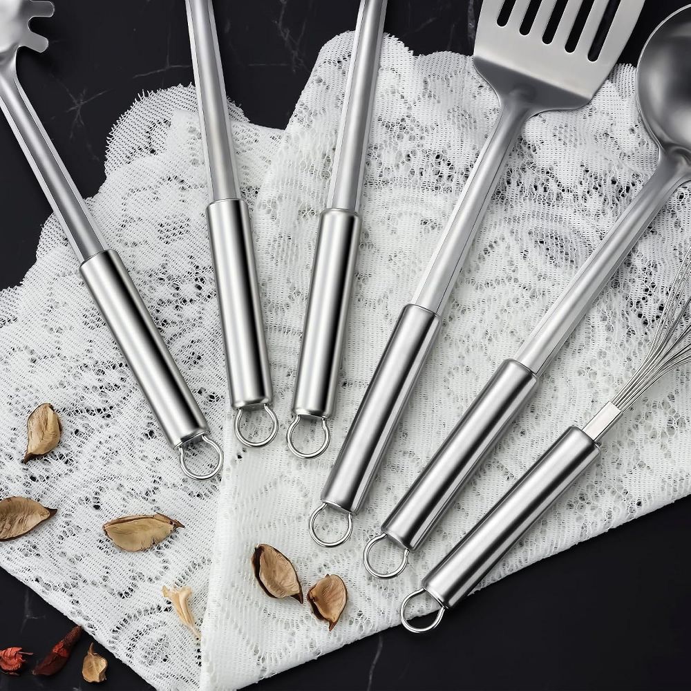 Home Collection Pack of 6 Stainless Steel Kitchen Utensils Set with Hanging Handles - Image 6