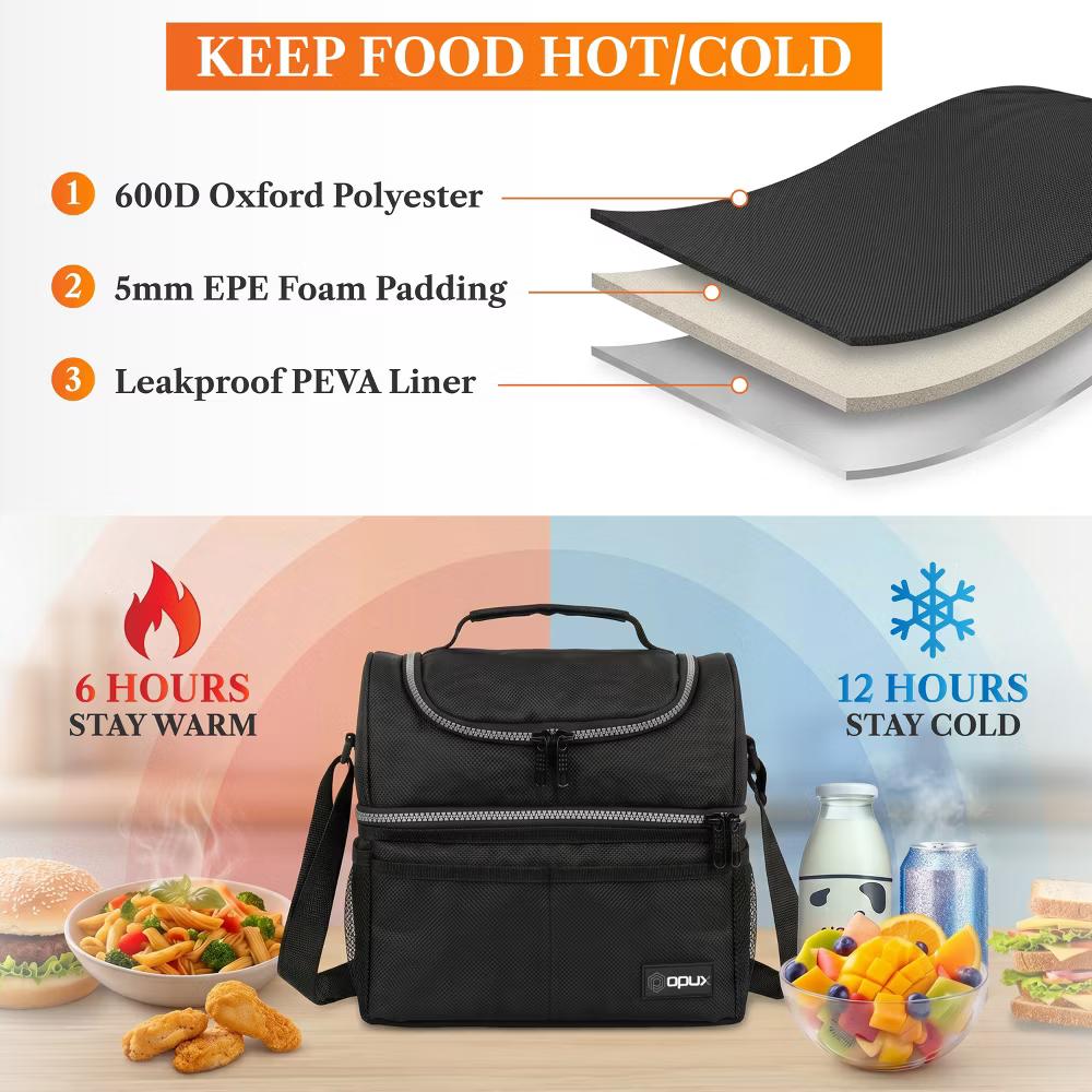 Double Decker Lunch Box Men Women, Insulated Leakproof Cooler Bag Adult Work, Dual Compartment Pail Tote Boys Girls Kids - Image 6