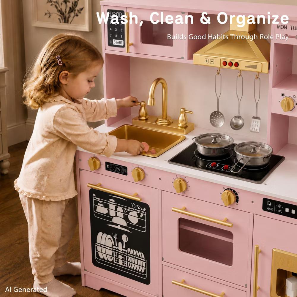 Wooden Play Kitchen for Kids with Running Water Sink, Interactive Stove, Ice Maker, Microwave, Oven & Dishwasher, Ages 3+ - Image 58