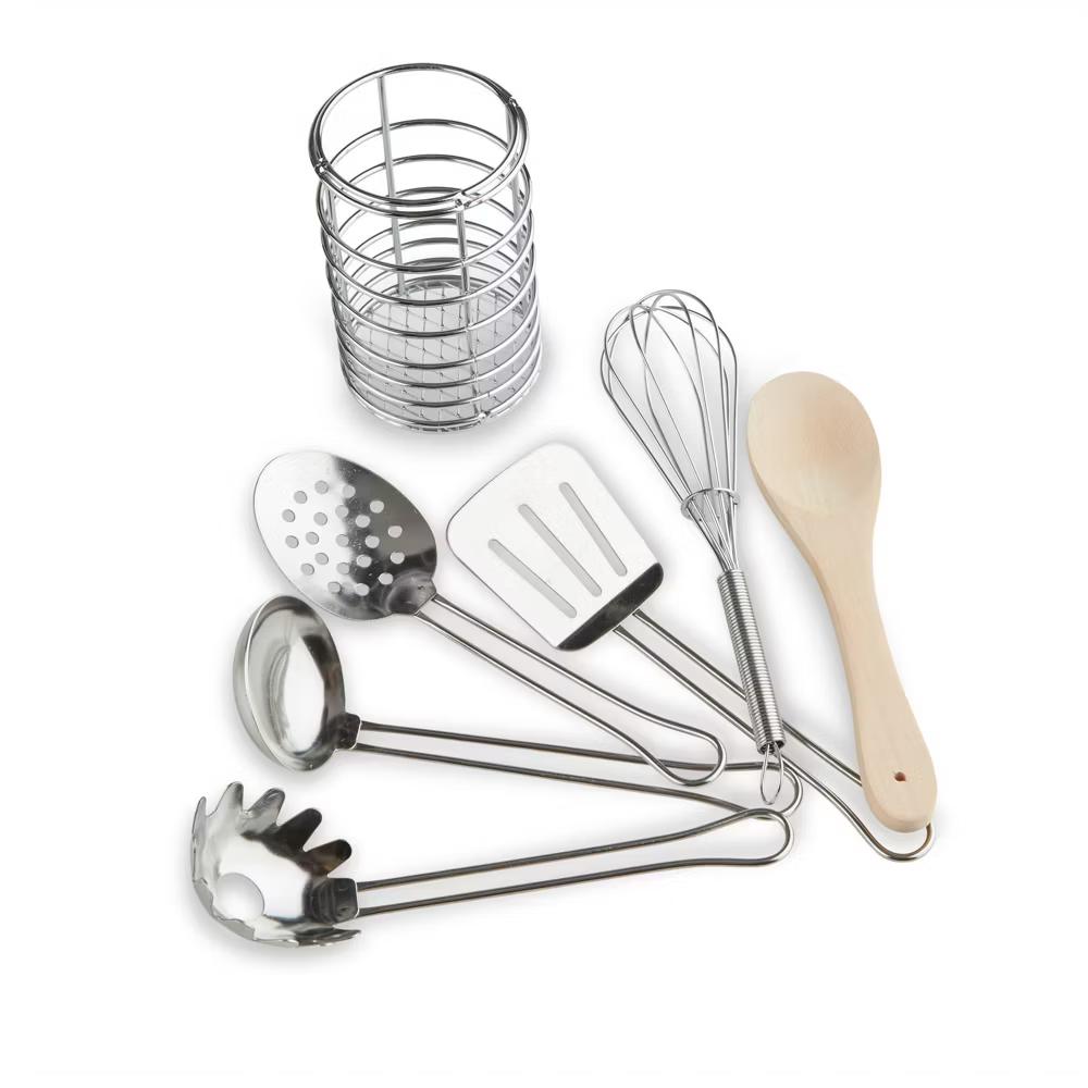 Stir and Serve Cooking Utensils (7pc) - Stainless Steel and Wood: Pretend Kitchen Accessories Set - Image 4
