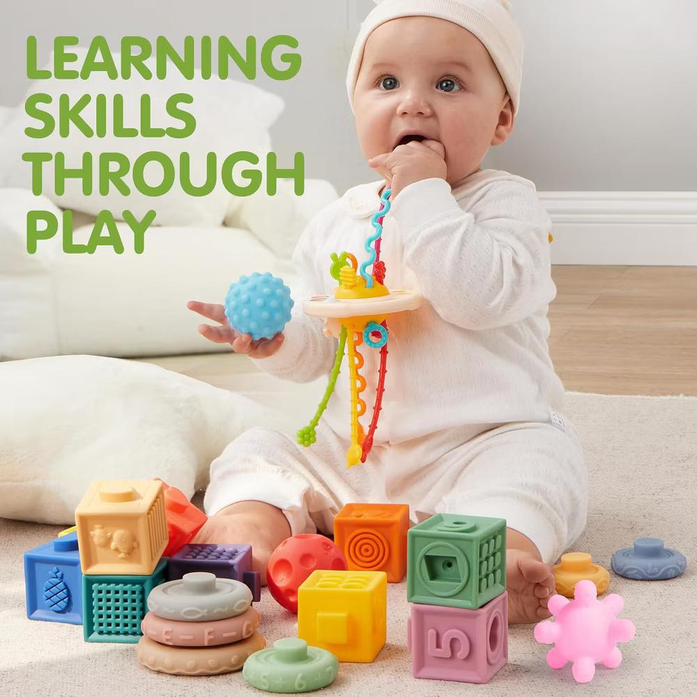 Montessori Toys for Baby 0-3-6-12 Months, 4-in-1 Food-Grade Sensory Toys, Infant Stacking Circles Teether, Learning Gifts for Baby Girls Boys