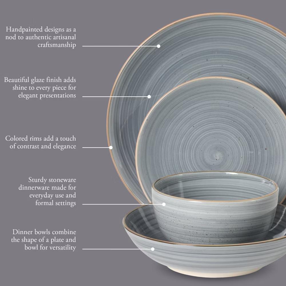 Stonebury 16 Piece Plates and Bowls Assorted Color Dishes - Handpainted Stoneware Dinnerware Set - Service for 4 - Image 2