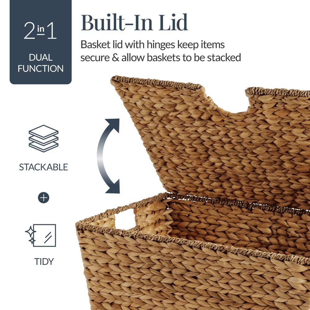 Set of 2 X-Large & Medium Woven Storage Baskets W/Lids, Hyacinth Nesting Organizer Bins - Natural - Image 12
