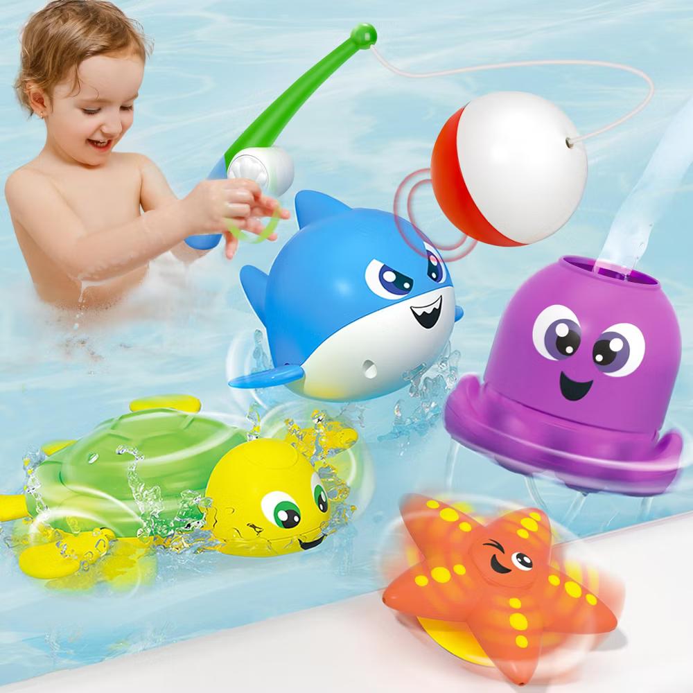 Bath Fishing Toy Set for Toddlers - Magnetic Rod, Spinning Octopus, Wind-up Shark & Turtle- Sensory Development for Infants - Image 7