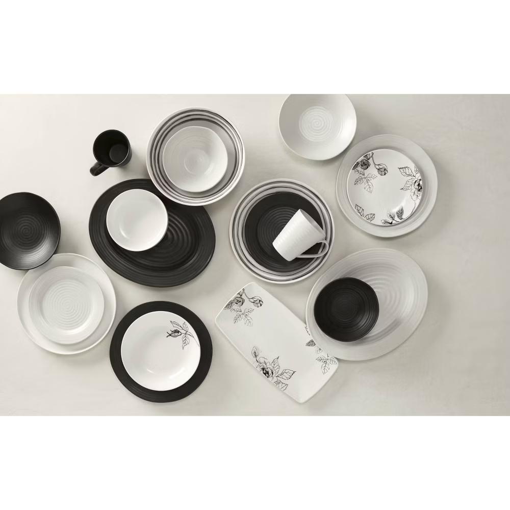 Oneida 12pc Stoneware Dinnerware Set Ridge Black: Matte Black Dishes, Swirl Pattern, Service for 4, Dishwasher-Safe - Image 3